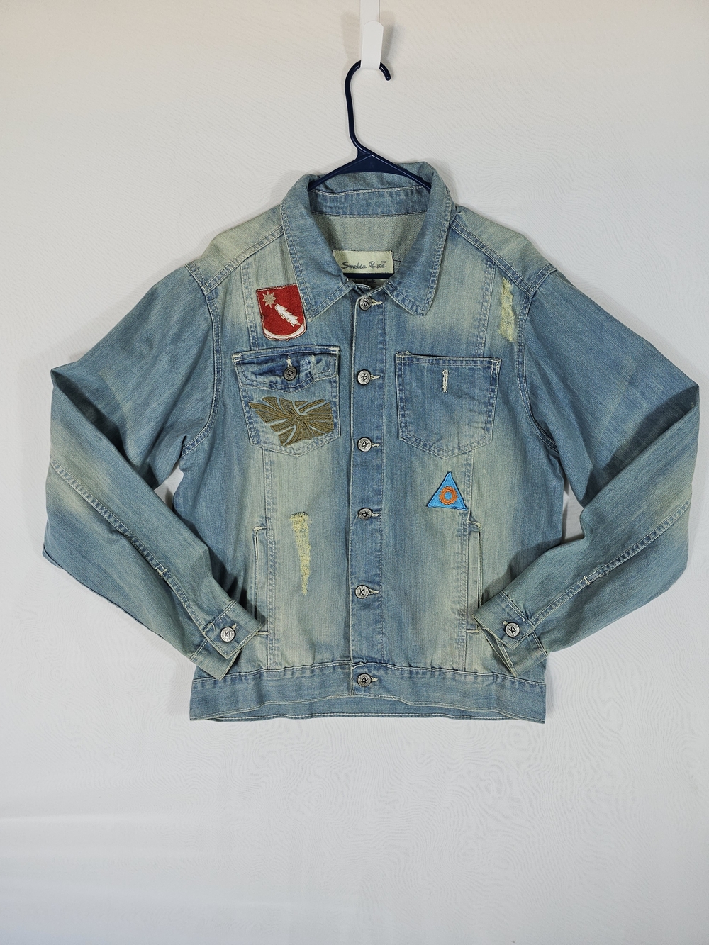 NWOT Smoke Rise Mens Distressed Patch Denim Jacket Large Ride 2 Live
